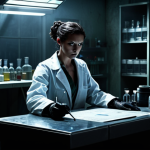 **Viper's Shadowy Agenda:** A dramatic, shadowy scene featuring Viper, possibly in a laboratory setting. Emphasize her calculating expression and the dangerous chemicals surrounding her. Style: Dark, gritty, realistic.