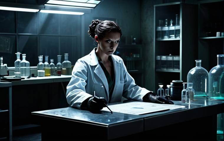 **Viper's Shadowy Agenda:** A dramatic, shadowy scene featuring Viper, possibly in a laboratory setting. Emphasize her calculating expression and the dangerous chemicals surrounding her. Style: Dark, gritty, realistic.
