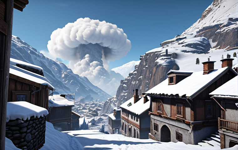 **
A Valorant agent manipulating gravity in a snowy mountain village. The agent is creating a temporary platform, allowing them to reach a high vantage point overlooking a narrow passage. Viper's poison cloud is visible, blocking the passage below. The scene is snowy and atmospheric, showcasing the tactical possibilities of the new agent's abilities in the winter landscape.
**